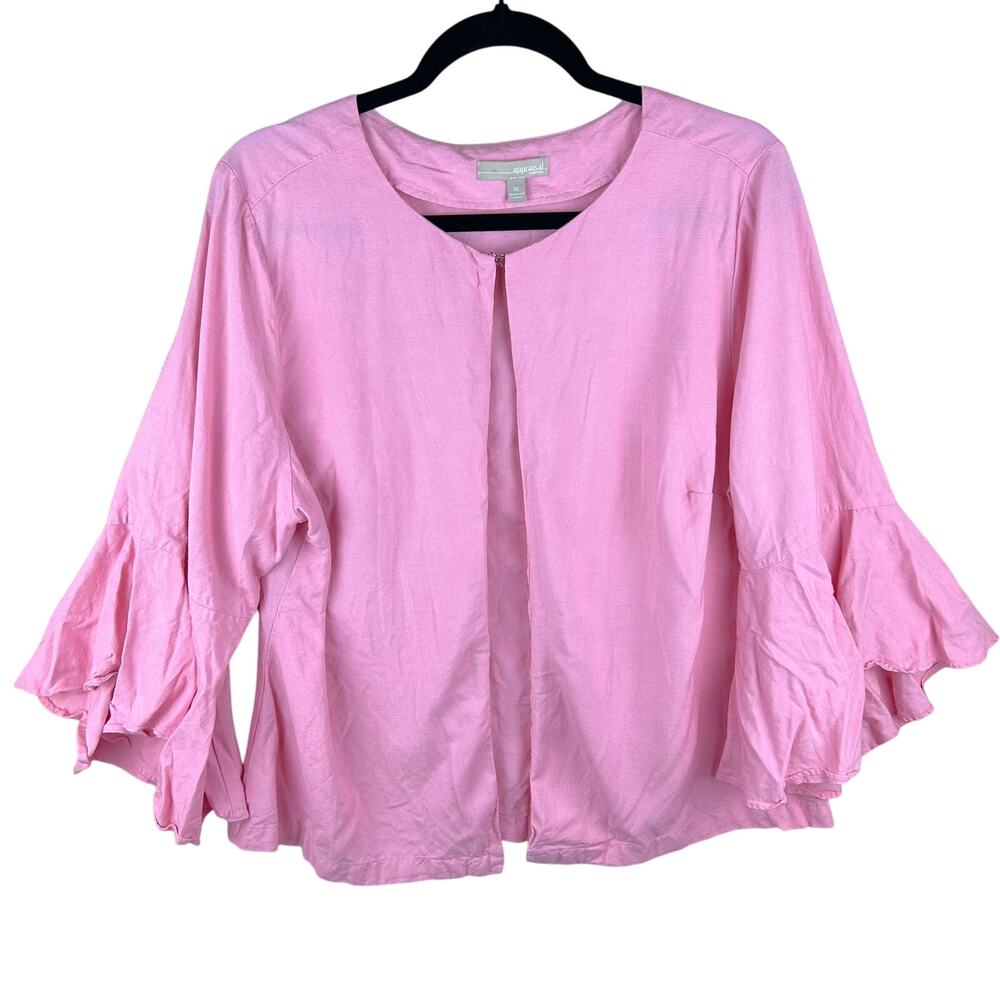 Appraisal 100% Linen Pink Open Front Bell Sleeve Top‎ (1X)